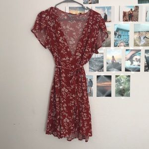 Reddish orange floweral wrap dress